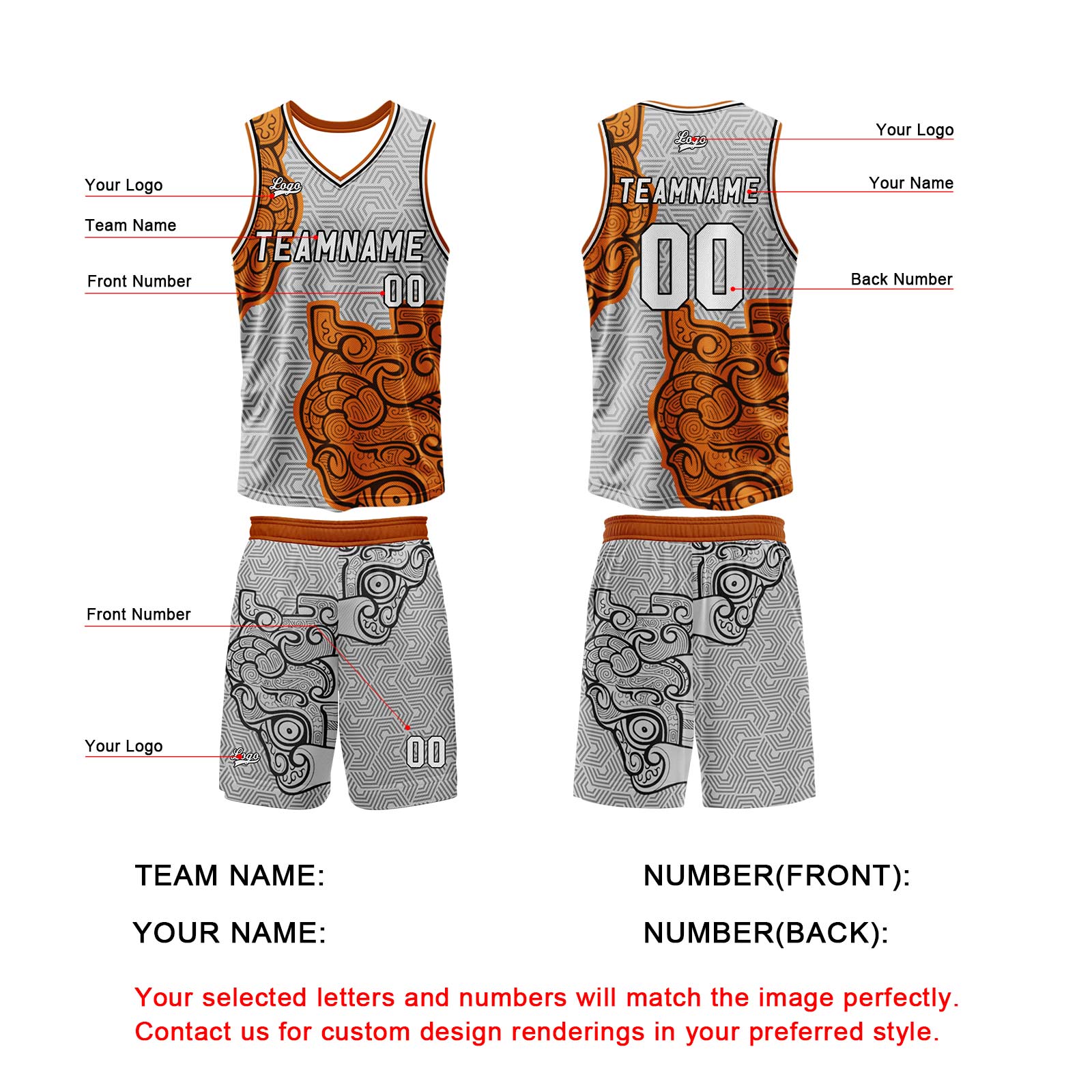 Custom Gray Orange Basketball Jersey Uniform Suit Printed Your Logo Name Number