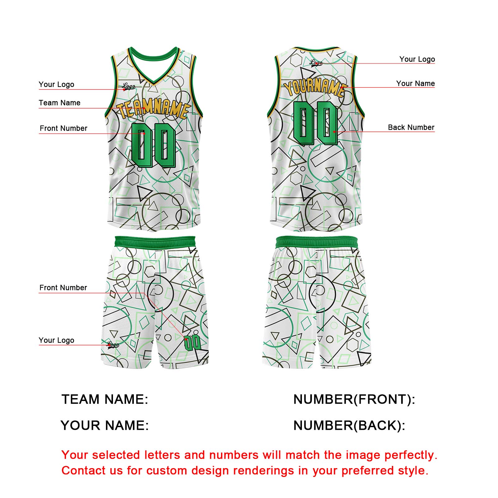 Custom White Green Basketball Jersey Uniform Suit Printed Your Logo Name Number