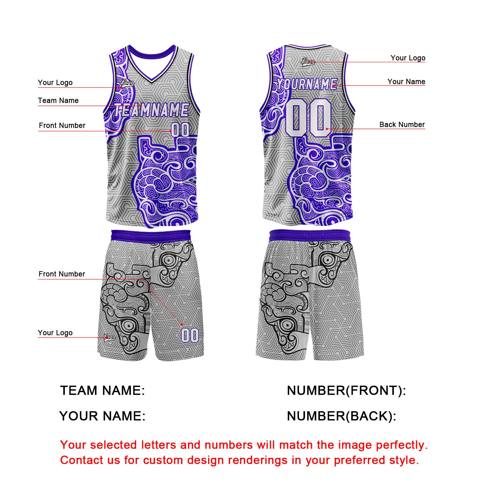 Custom Gray Purple Basketball Jersey Uniform Suit Printed Your Logo Name Number