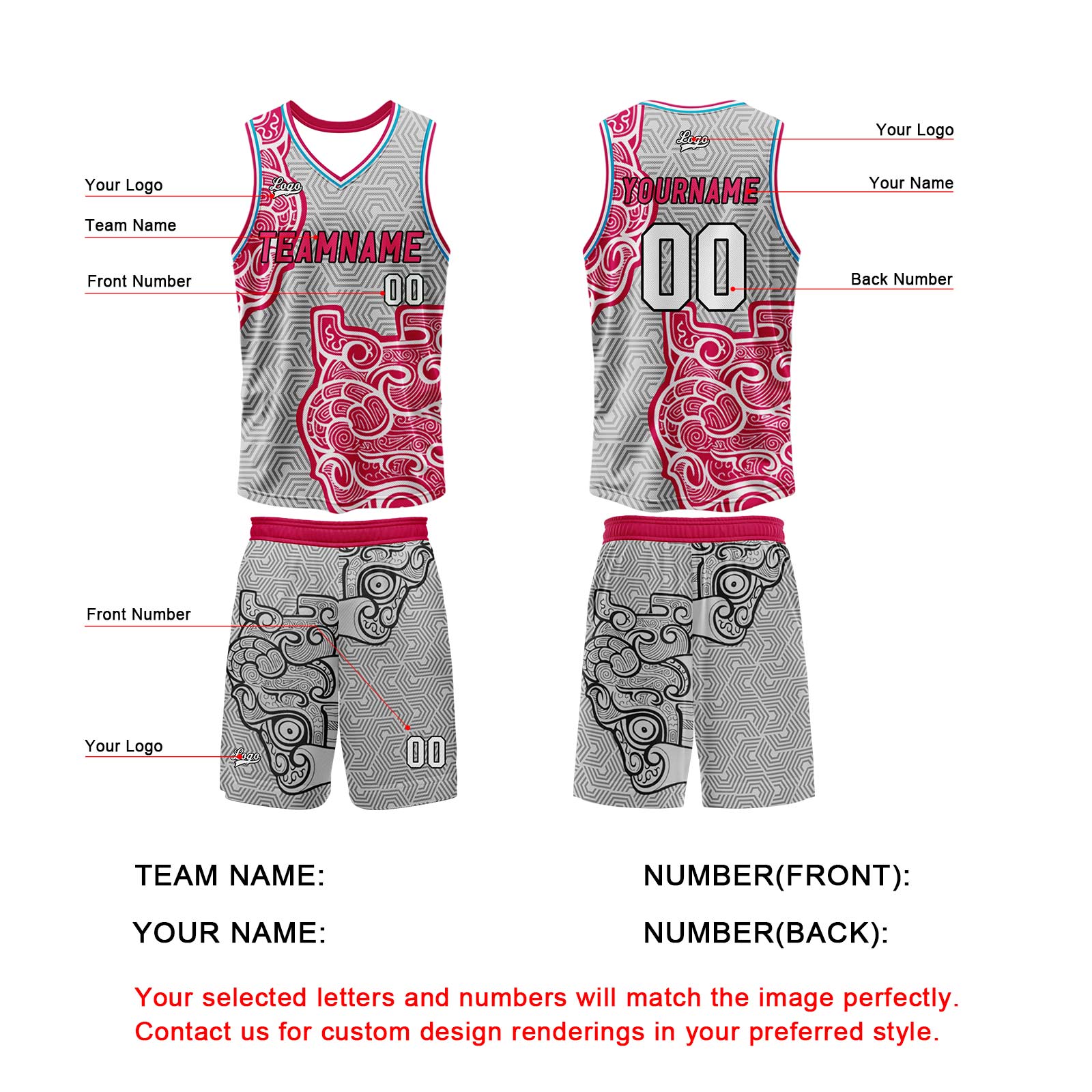 Custom Gray Pink Basketball Jersey Uniform Suit Printed Your Logo Name Number