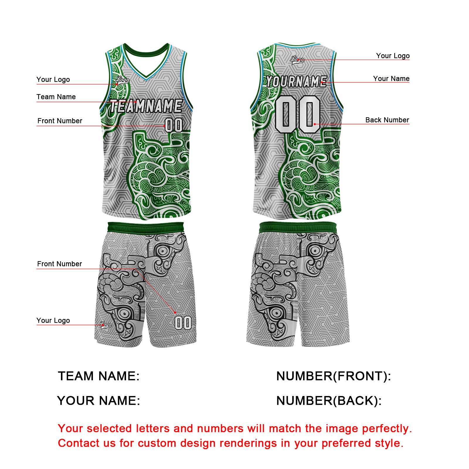 Custom Gray Green Basketball Jersey Uniform Suit Printed Your Logo Name Number