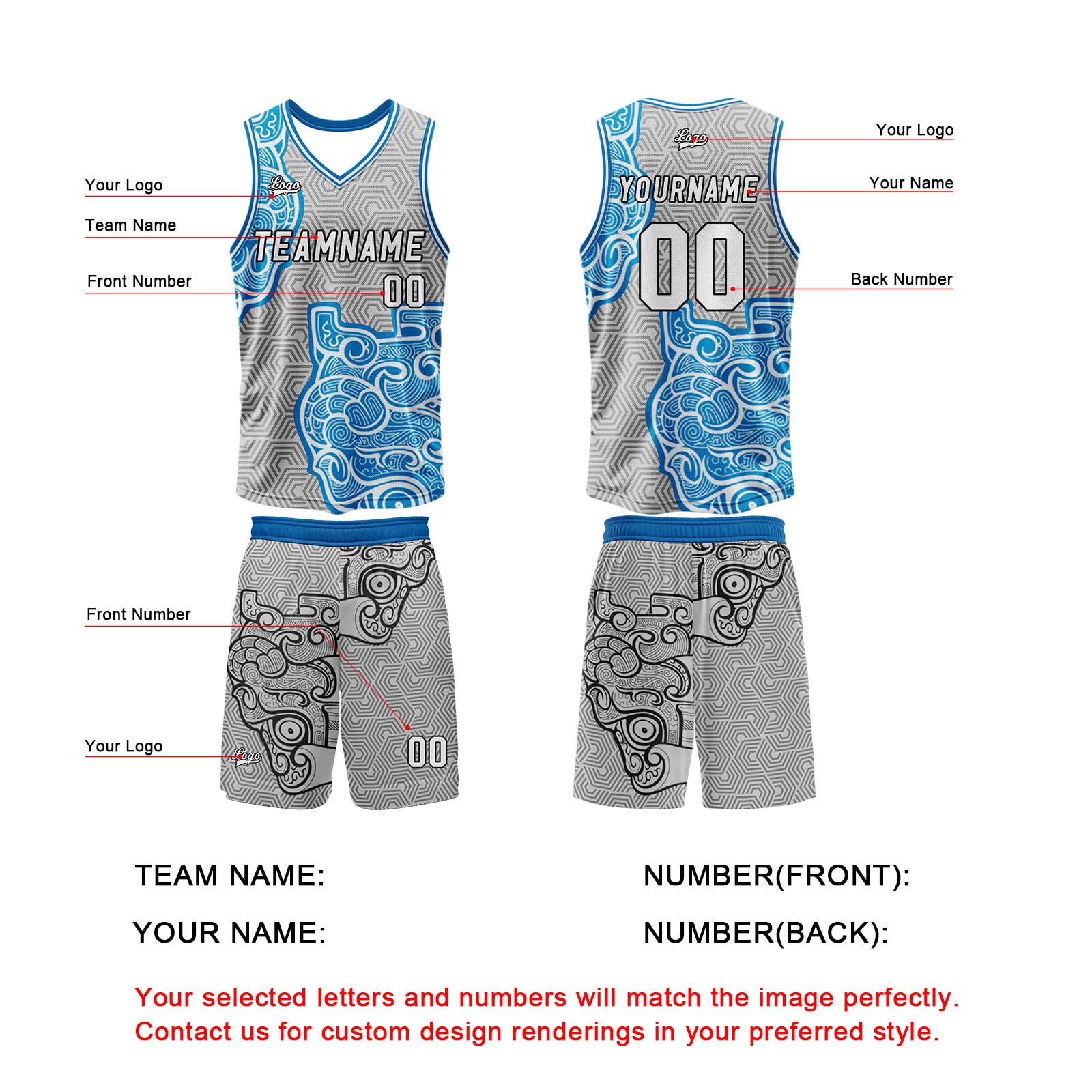 Custom Gray Blue Basketball Jersey Uniform Suit Printed Your Logo Name Number