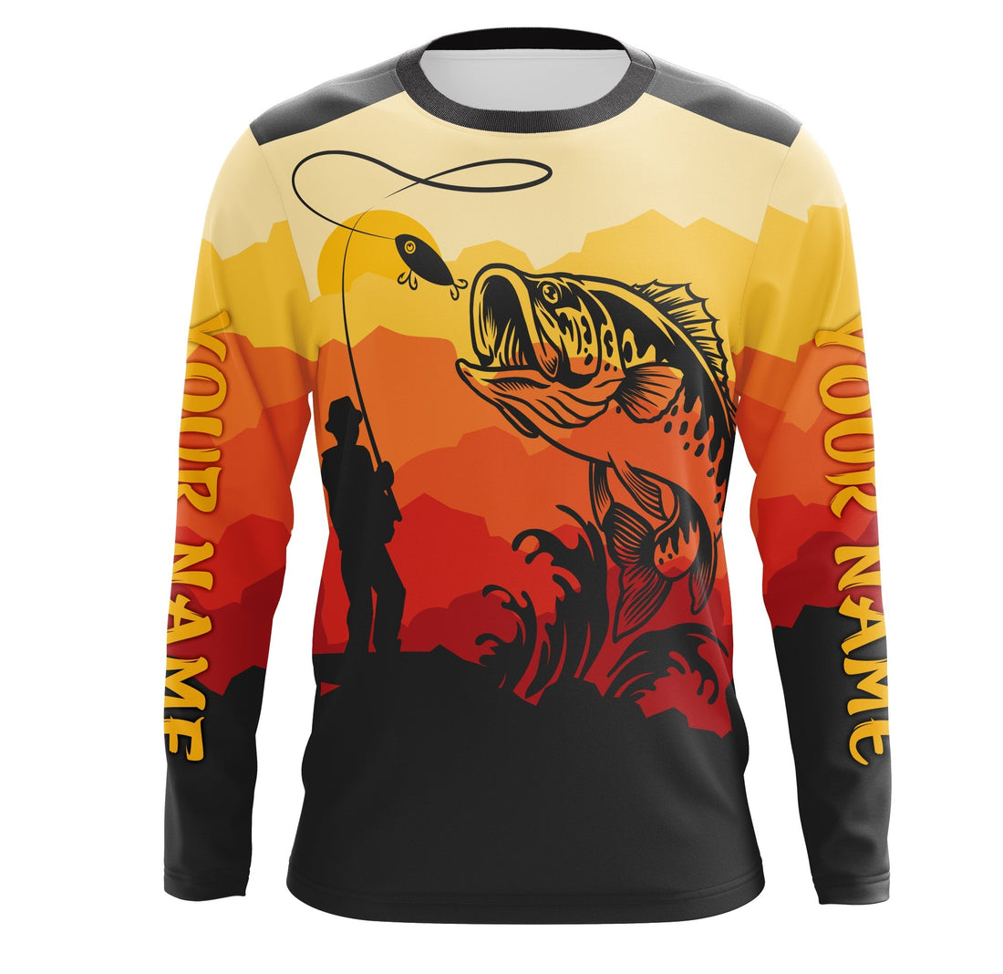 Bass Fishing Sunset Background Custom Name Long Sleeve Fishing, Bass Fishing - TMTS044