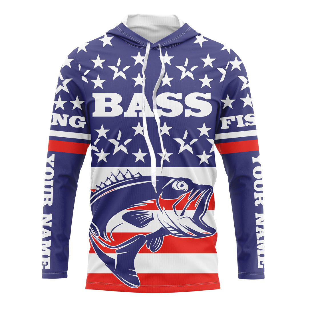 Bass Fishing American Flag Custom UV Long sleeves, personalized Patriotic fishing apparel gifts TMTS017