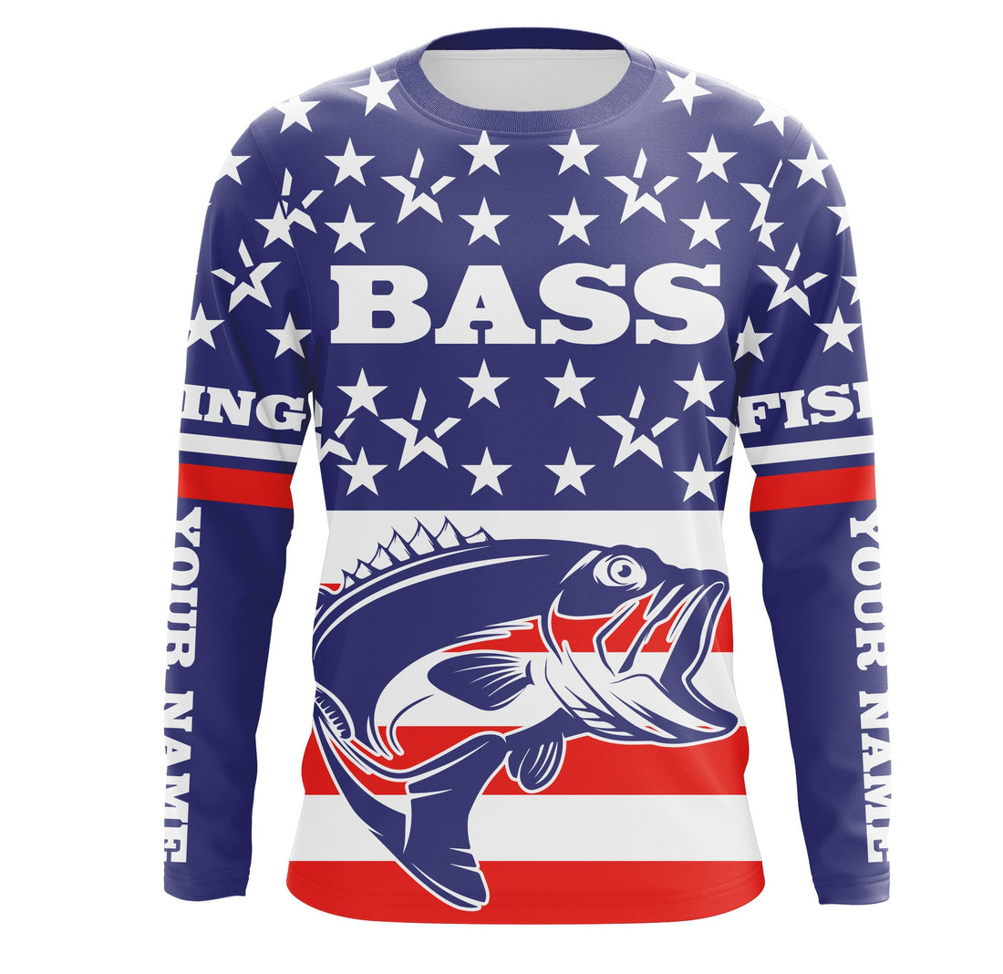 Bass Fishing American Flag Custom UV Long sleeves, personalized Patriotic fishing apparel gifts TMTS017