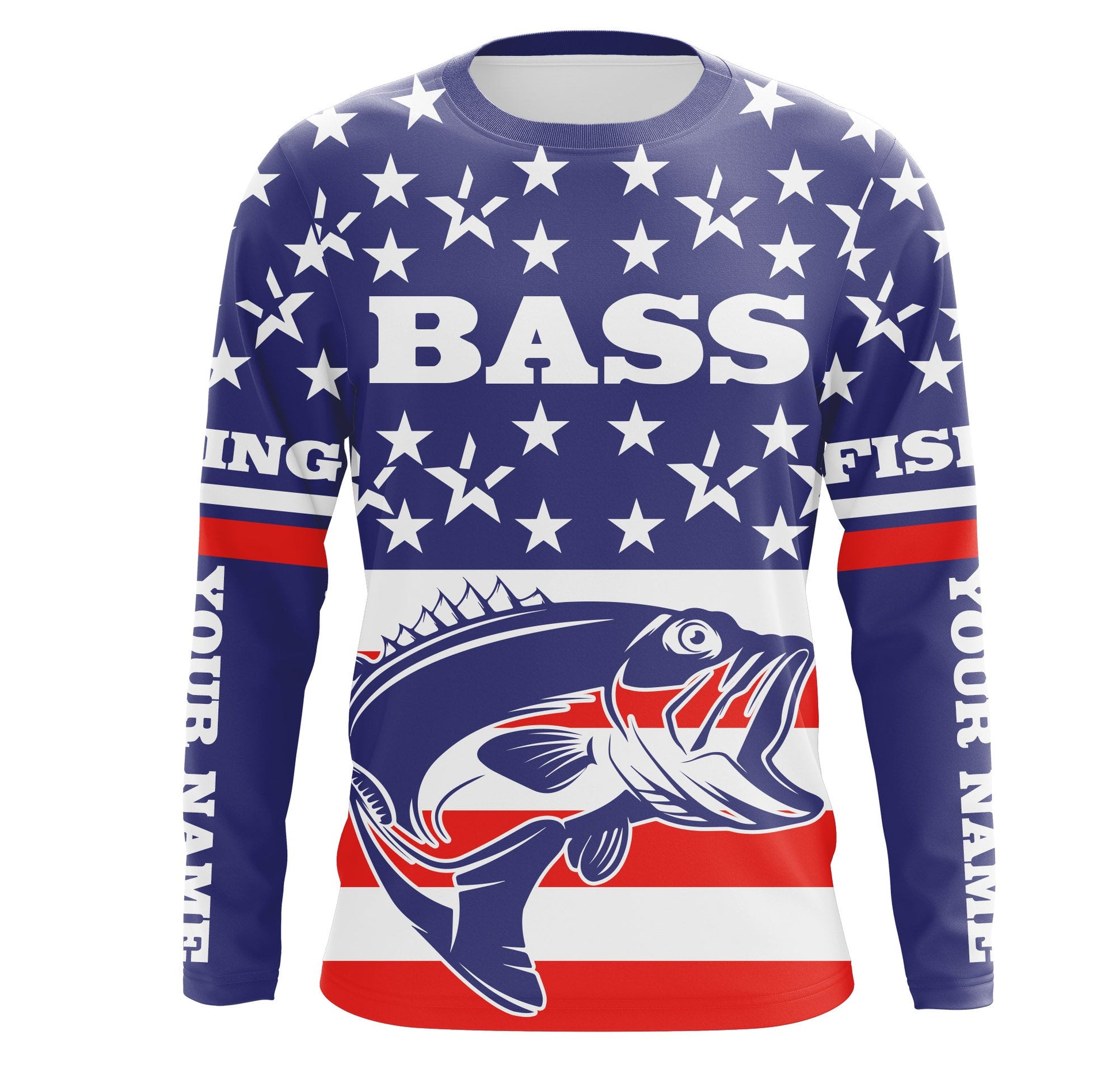Bass Fishing American Flag Custom UV Long sleeves, personalized Patriotic fishing apparel gifts TMTS017