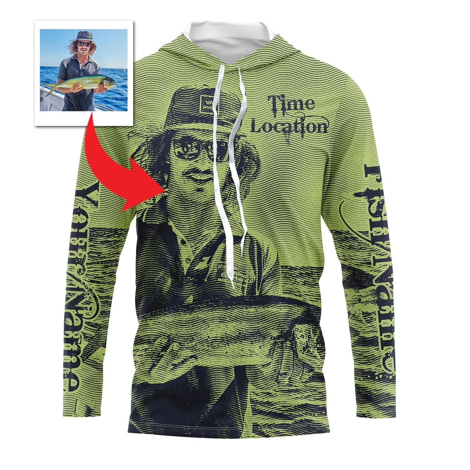 Fishing Custom Name, Image, Time, Location 3D UV protection UPF 30+ Fishing gift| Green- TMTS050