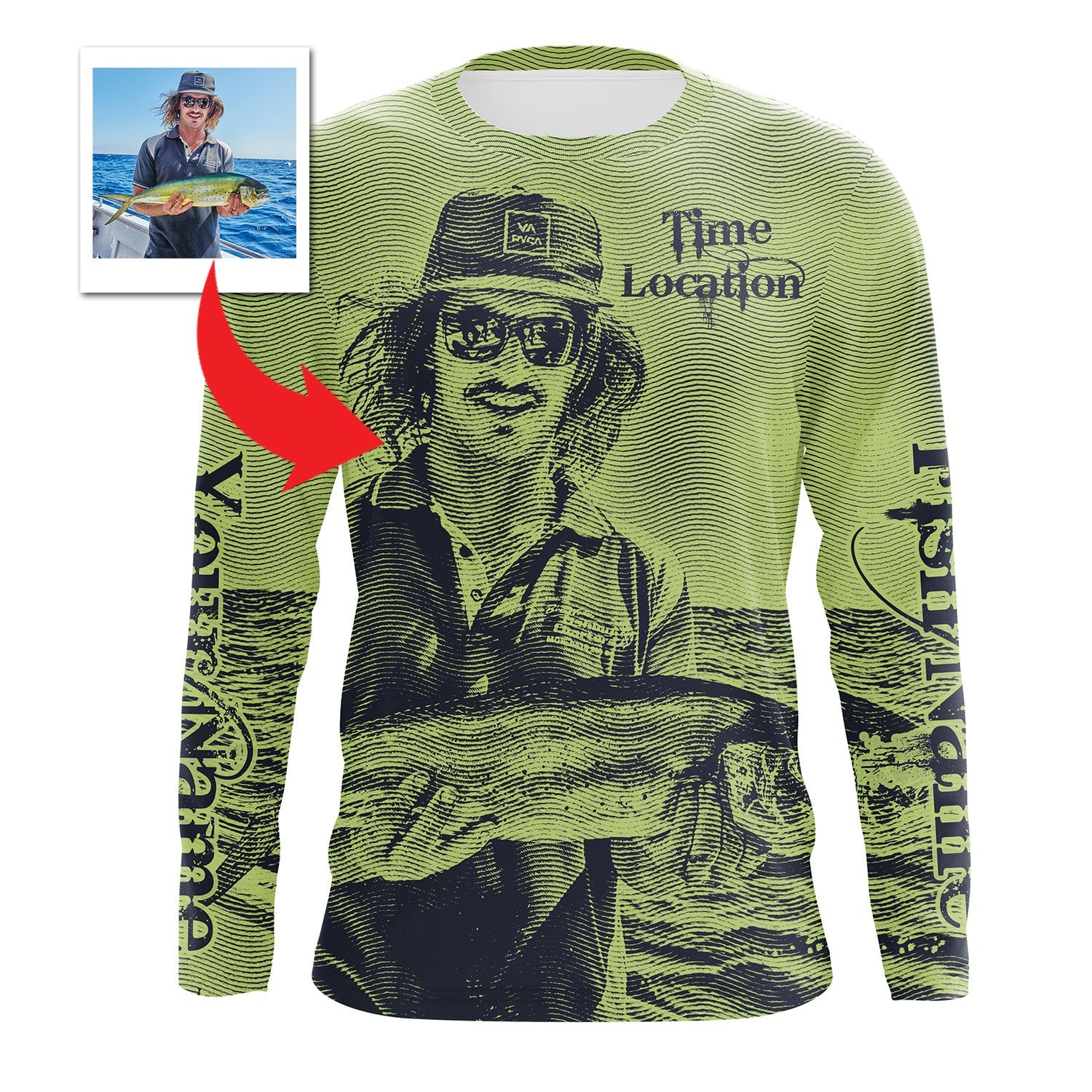 Fishing Custom Name, Image, Time, Location 3D UV protection UPF 30+ Fishing gift| Green- TMTS050