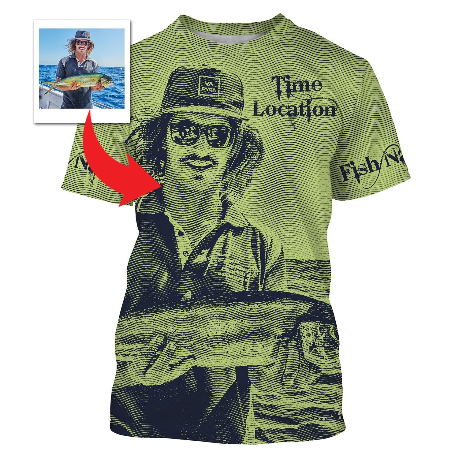 Fishing Custom Name, Image, Time, Location 3D UV protection UPF 30+ Fishing gift| Green- TMTS050