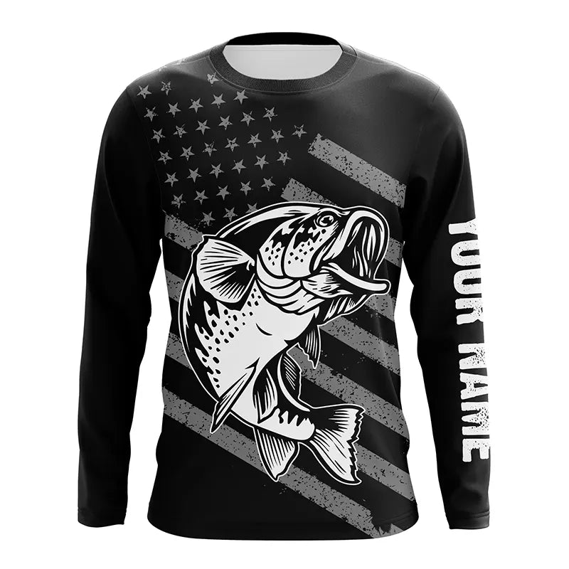 Bass Fishing USA Flag Custom Long sleeve Performance Fishing, Patriotic Bass Fishing TTN113