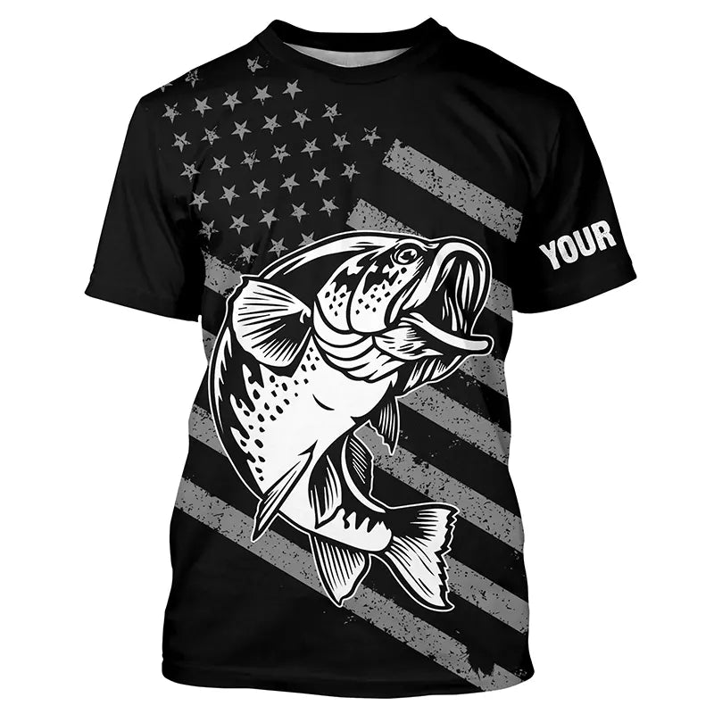 Bass Fishing USA Flag Custom Long sleeve Performance Fishing, Patriotic Bass Fishing TTN113