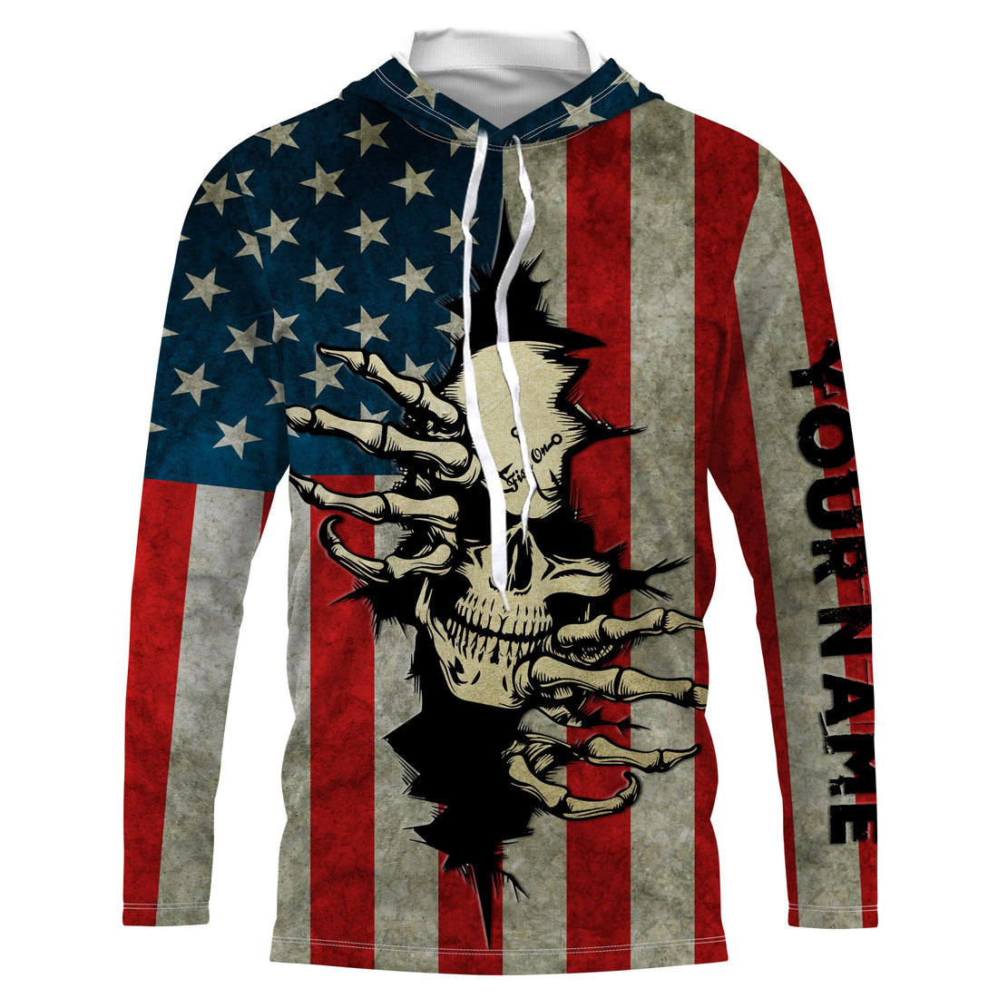 American Flag Skull Fish On Custom Long Sleeve performance, Personalized Patriotic Fishing Gifts TTN73