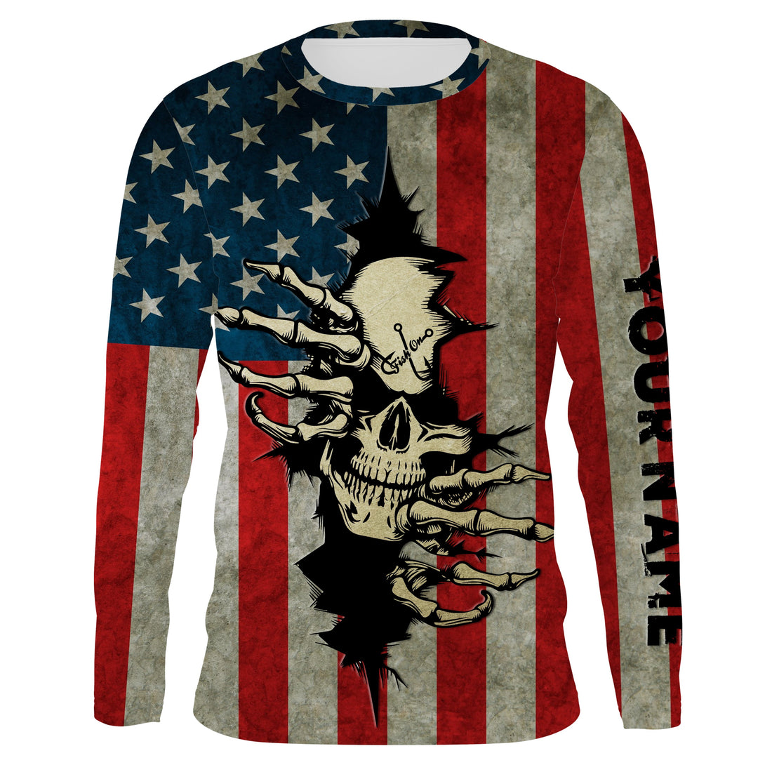 American Flag Skull Fish On Custom Long Sleeve performance, Personalized Patriotic Fishing Gifts TTN73