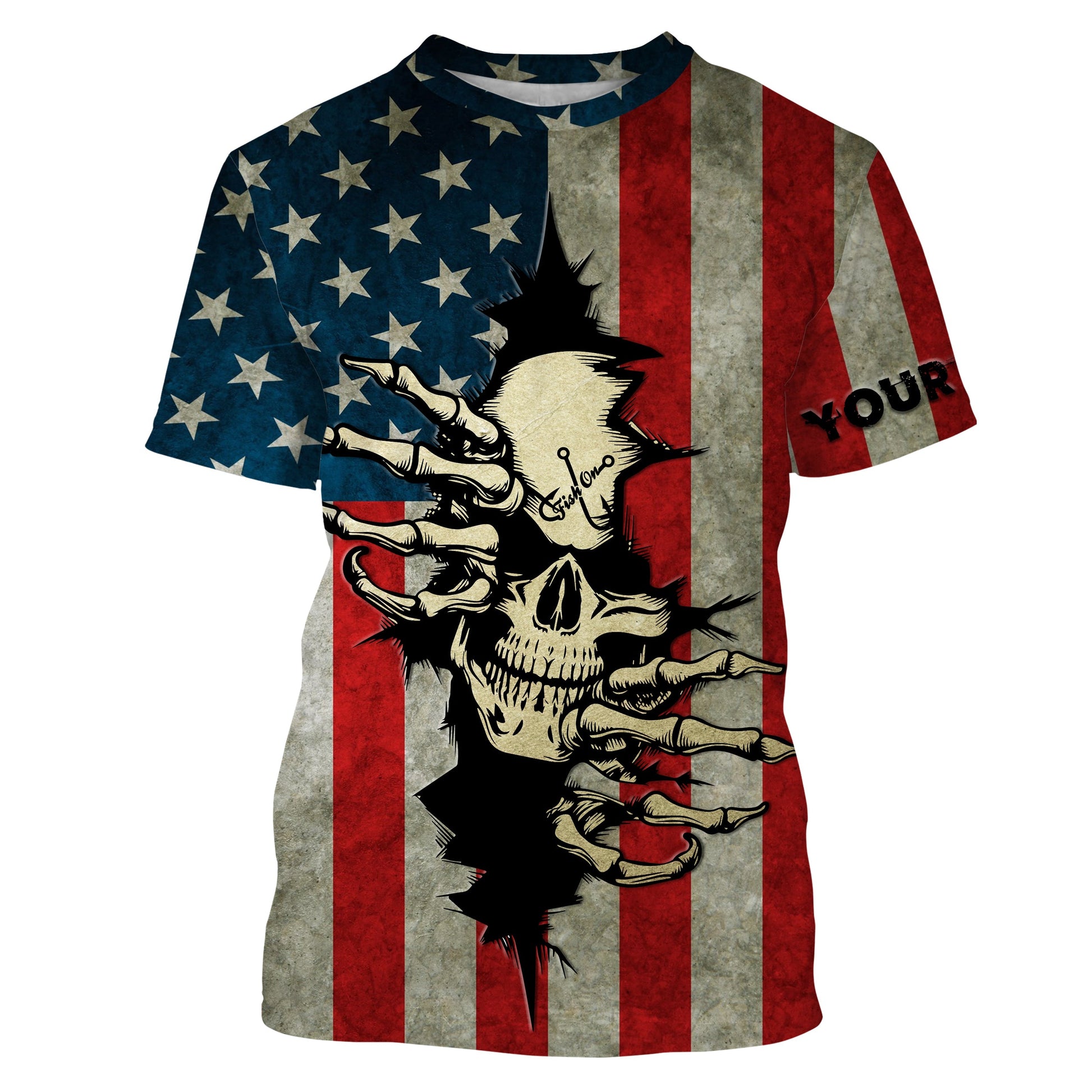 American Flag Skull Fish On Custom Long Sleeve performance, Personalized Patriotic Fishing Gifts TTN73