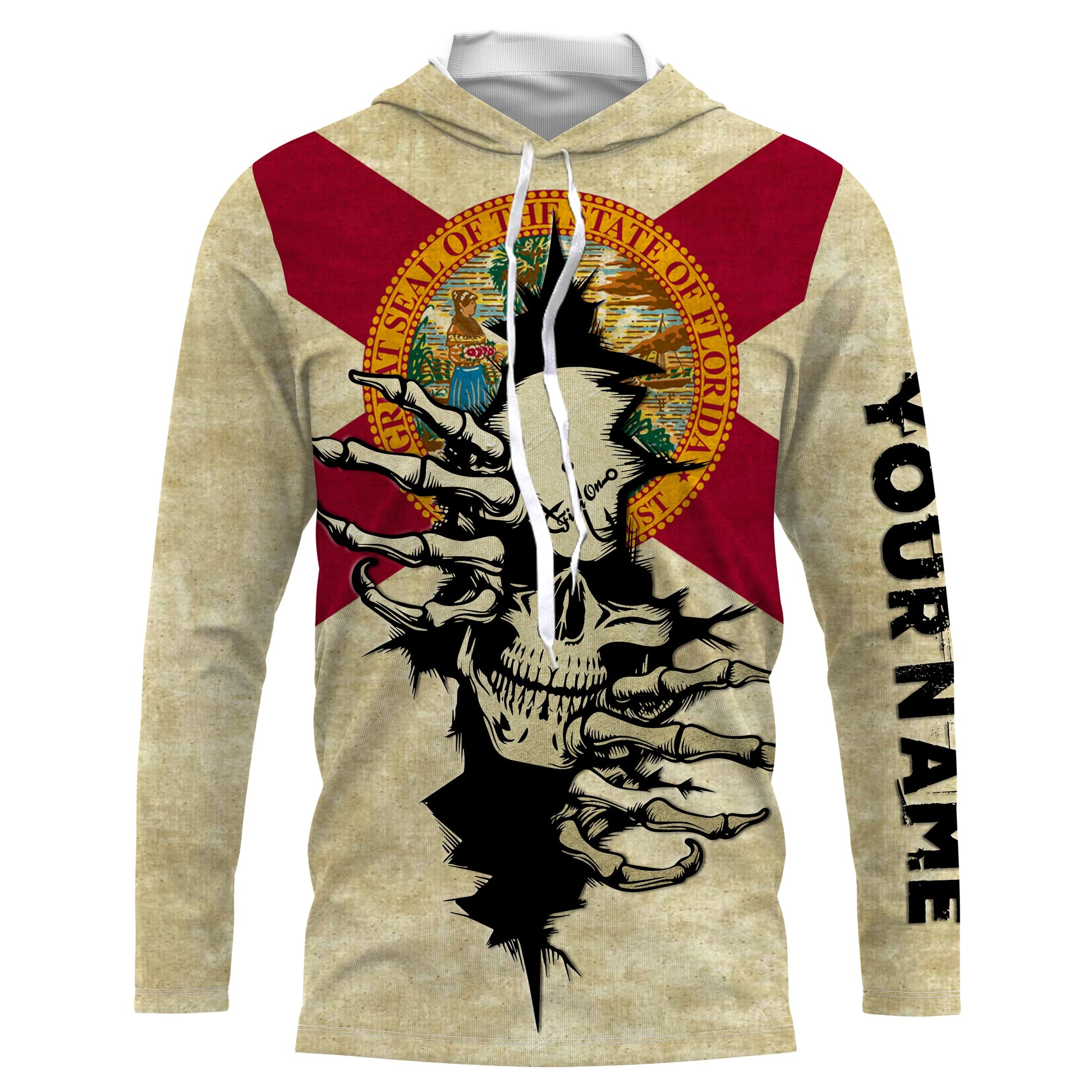 Florida Flag Skull Fish On Custom Long Sleeve Performance, Personalized Patriotic Fishing Gifts TTN74