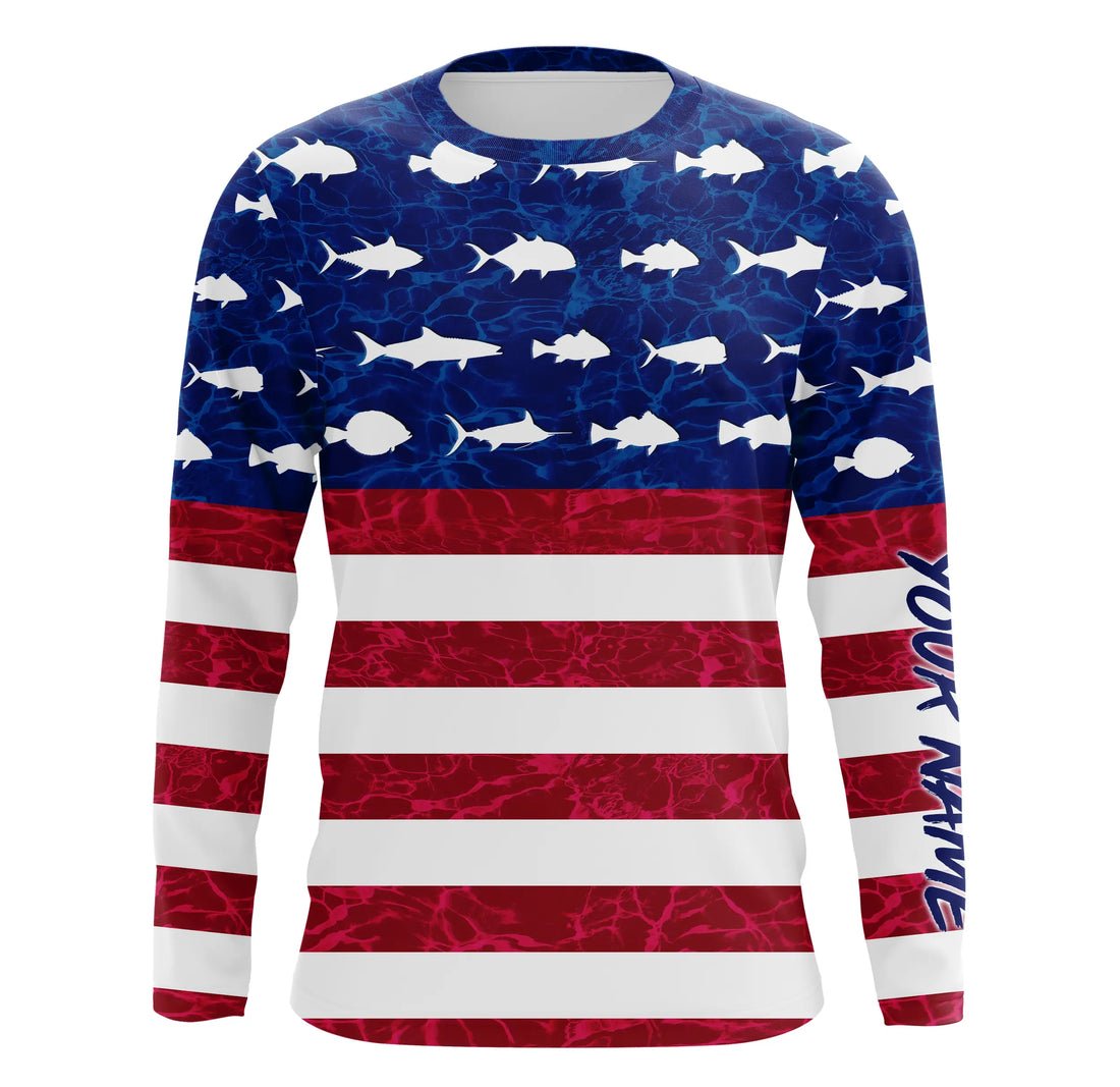 USA Patriotic Fishing American Flag Custom name UV Long Sleeve - Performance Fishing TTN117