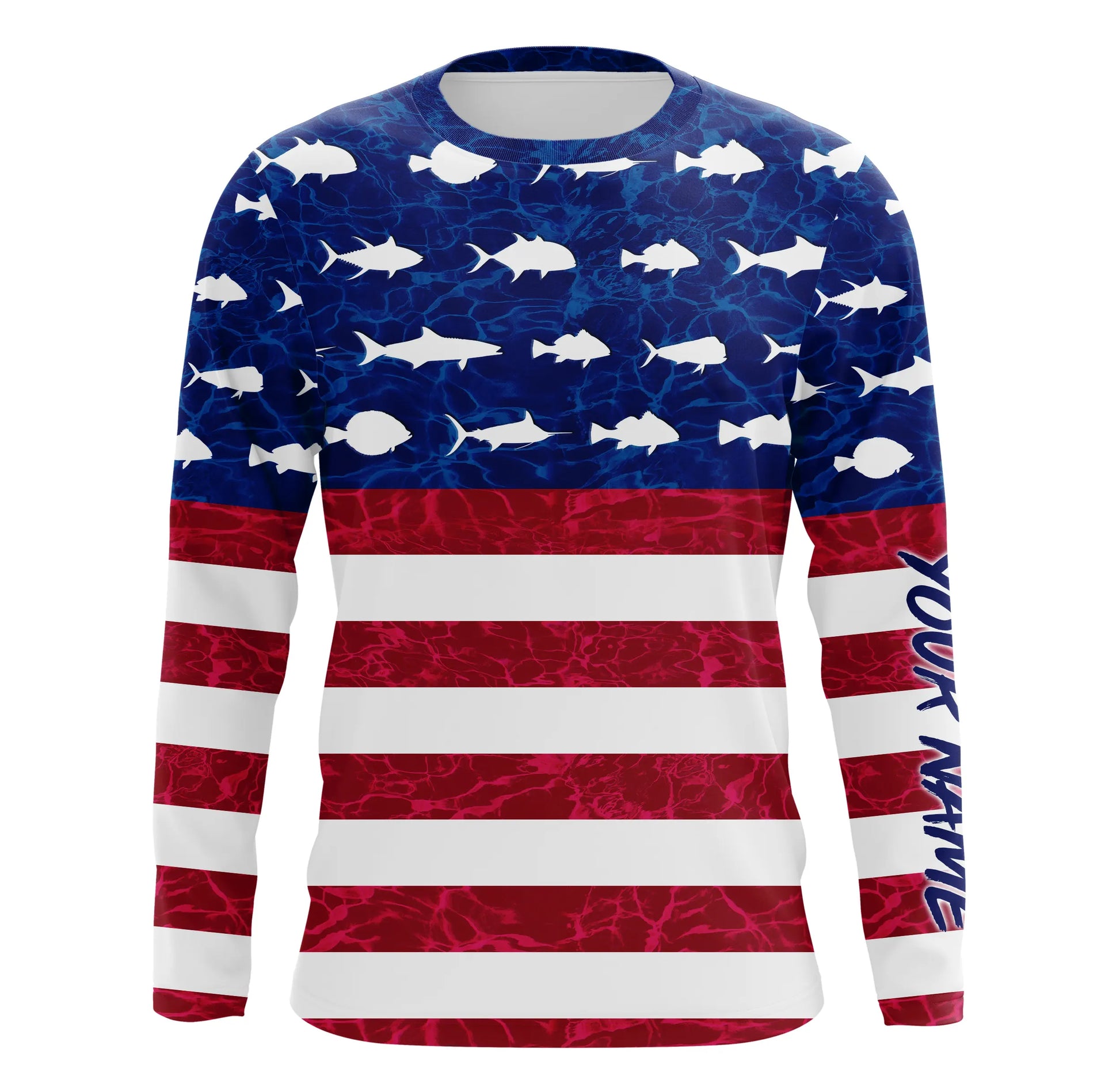USA Patriotic Fishing American Flag Custom name UV Long Sleeve - Performance Fishing TTN117
