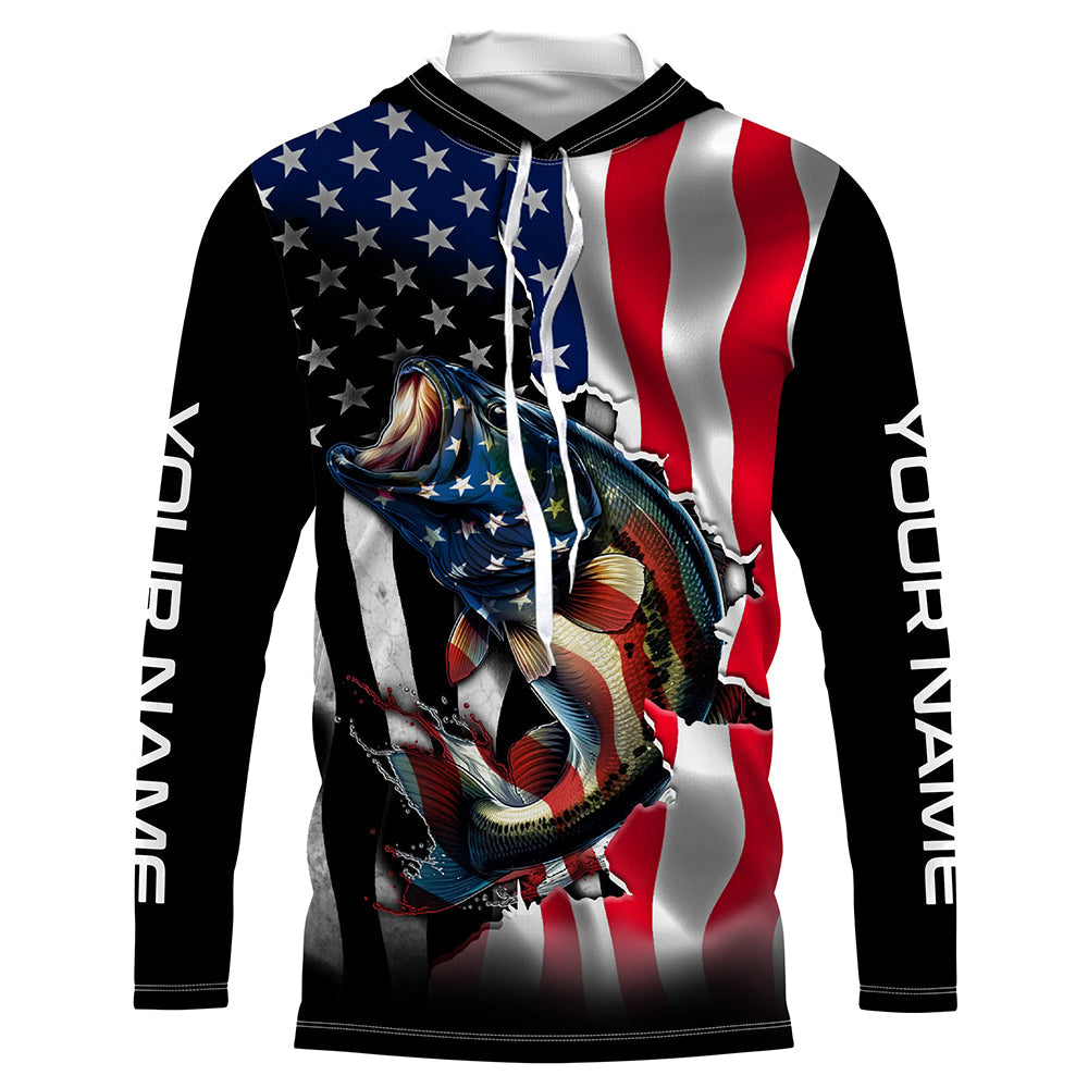 Bass Fishing American Flag Custom Long sleeve Performance Fishing, Patriotic Fishing TTN91