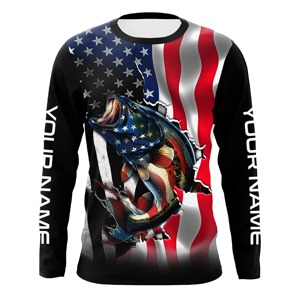 Bass Fishing American Flag Custom Long sleeve Performance Fishing, Patriotic Fishing TTN91