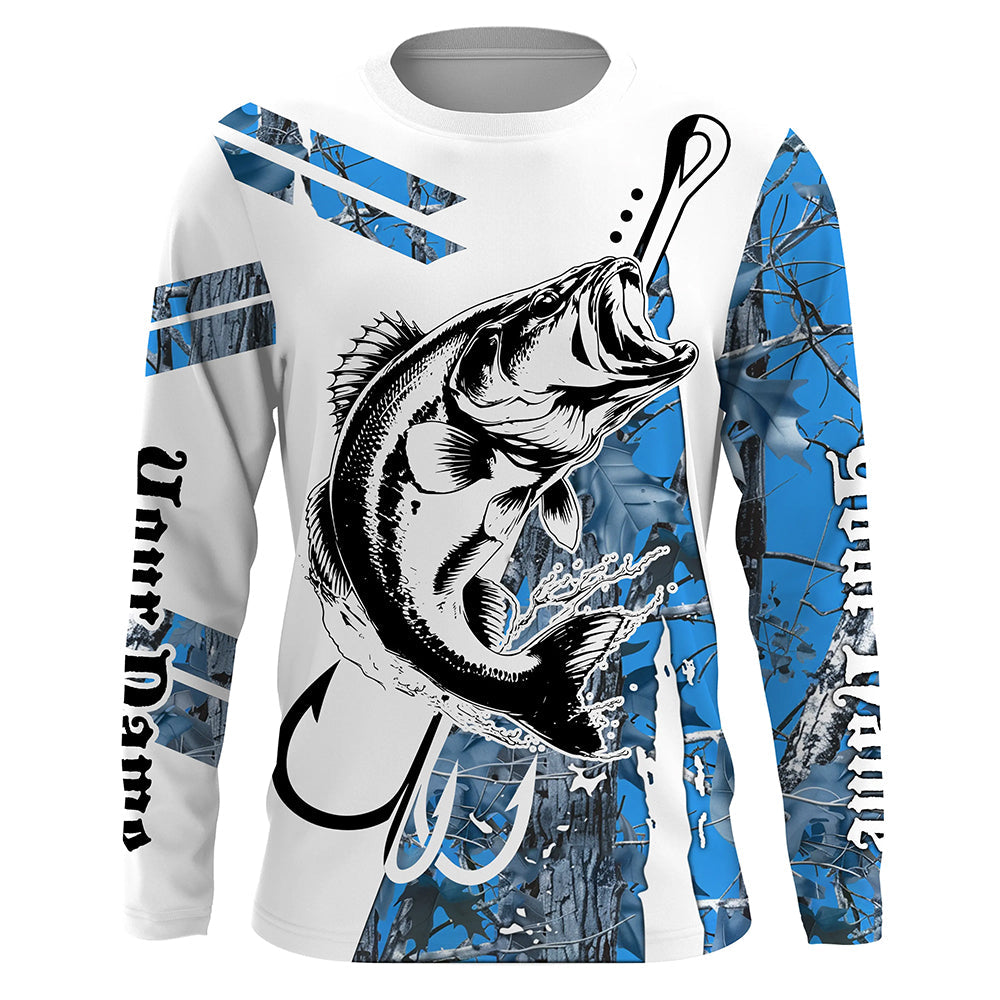 Fish Hook Bass Fishing Blue Camo Custom Long Sleeve, Personalized Bass Fishing TTN112