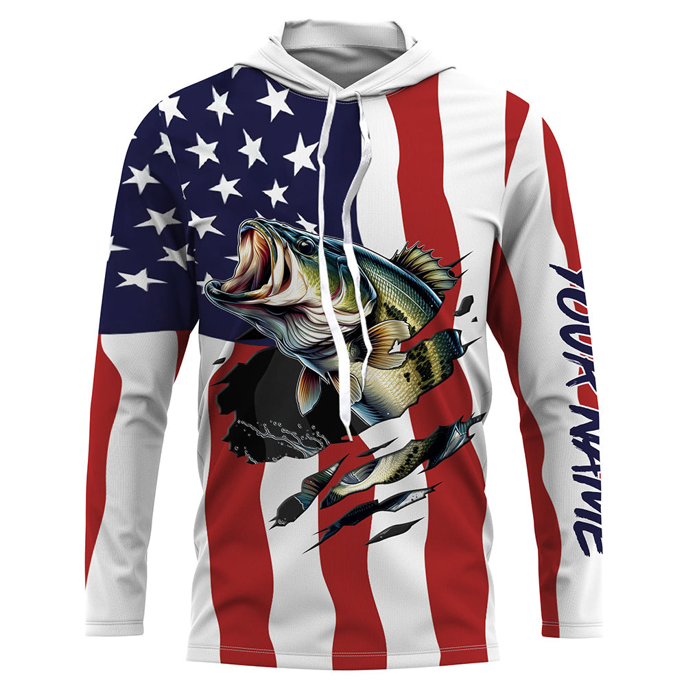 Bass Fishing American Flag Custom Long Sleeve, Personalized Patriotic Fishing Gifts TTN94