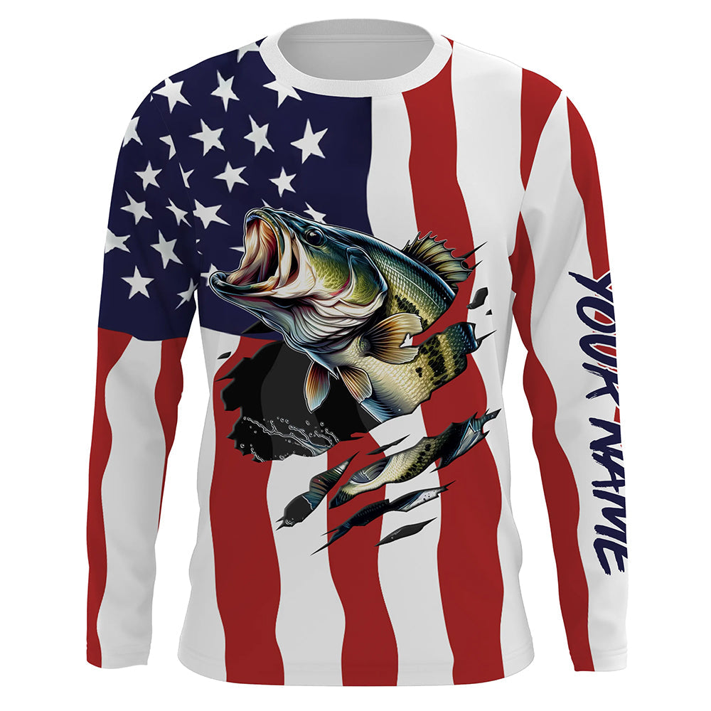 Bass Fishing American Flag Custom Long Sleeve, Personalized Patriotic Fishing Gifts TTN94