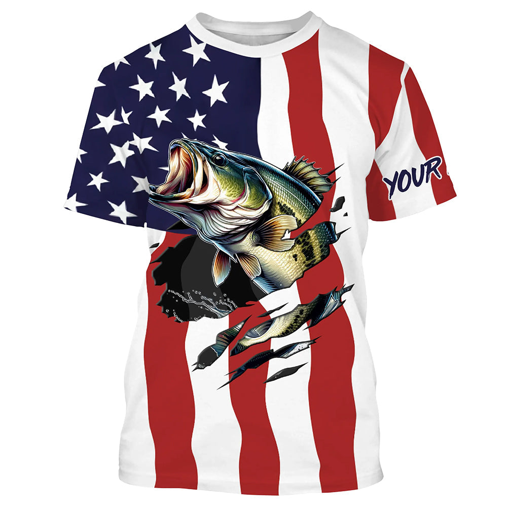 Bass Fishing American Flag Custom Long Sleeve, Personalized Patriotic Fishing Gifts TTN94