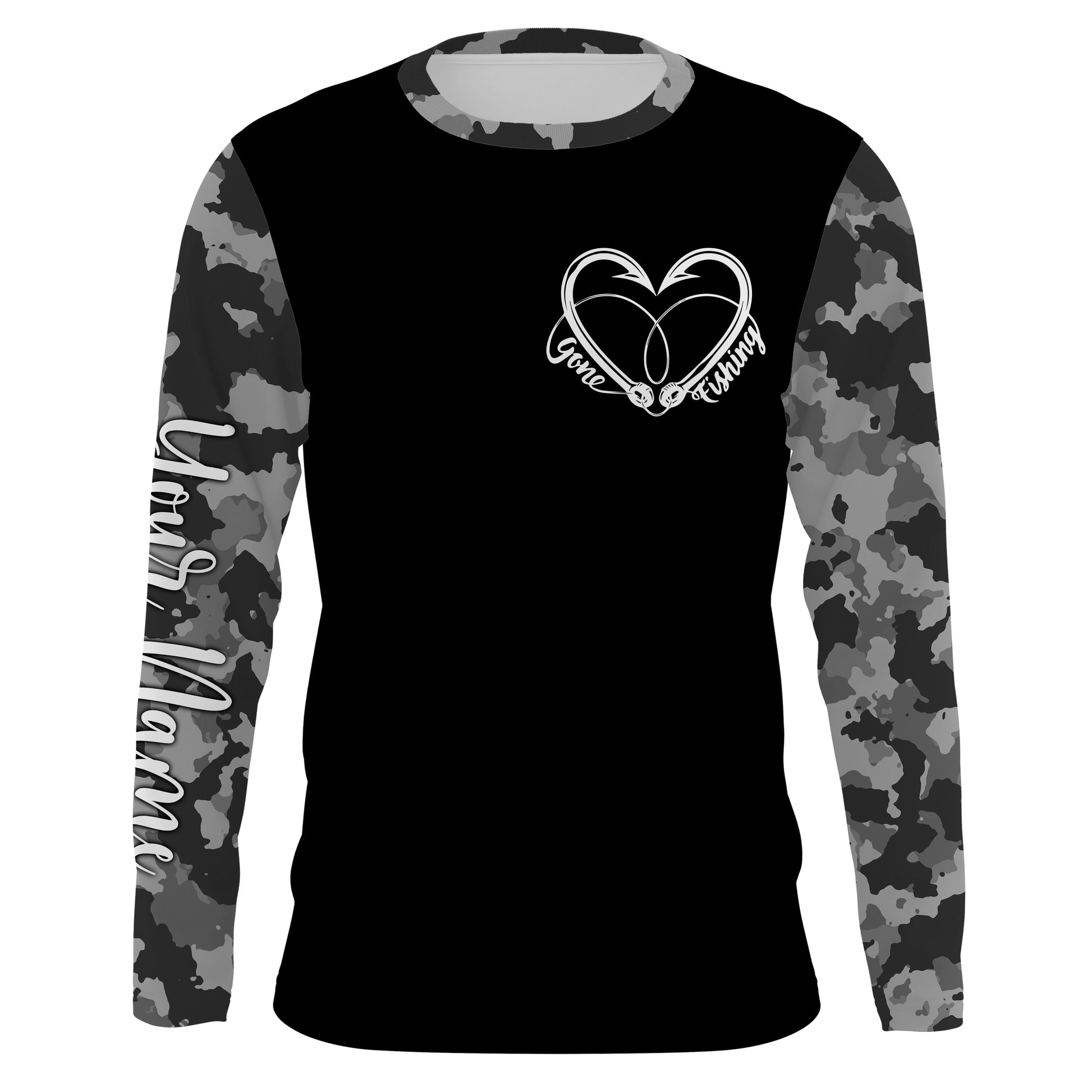 Gone Fishing Heart Fish Hook Gray Camo Performance Fishing UV Protection TTN34