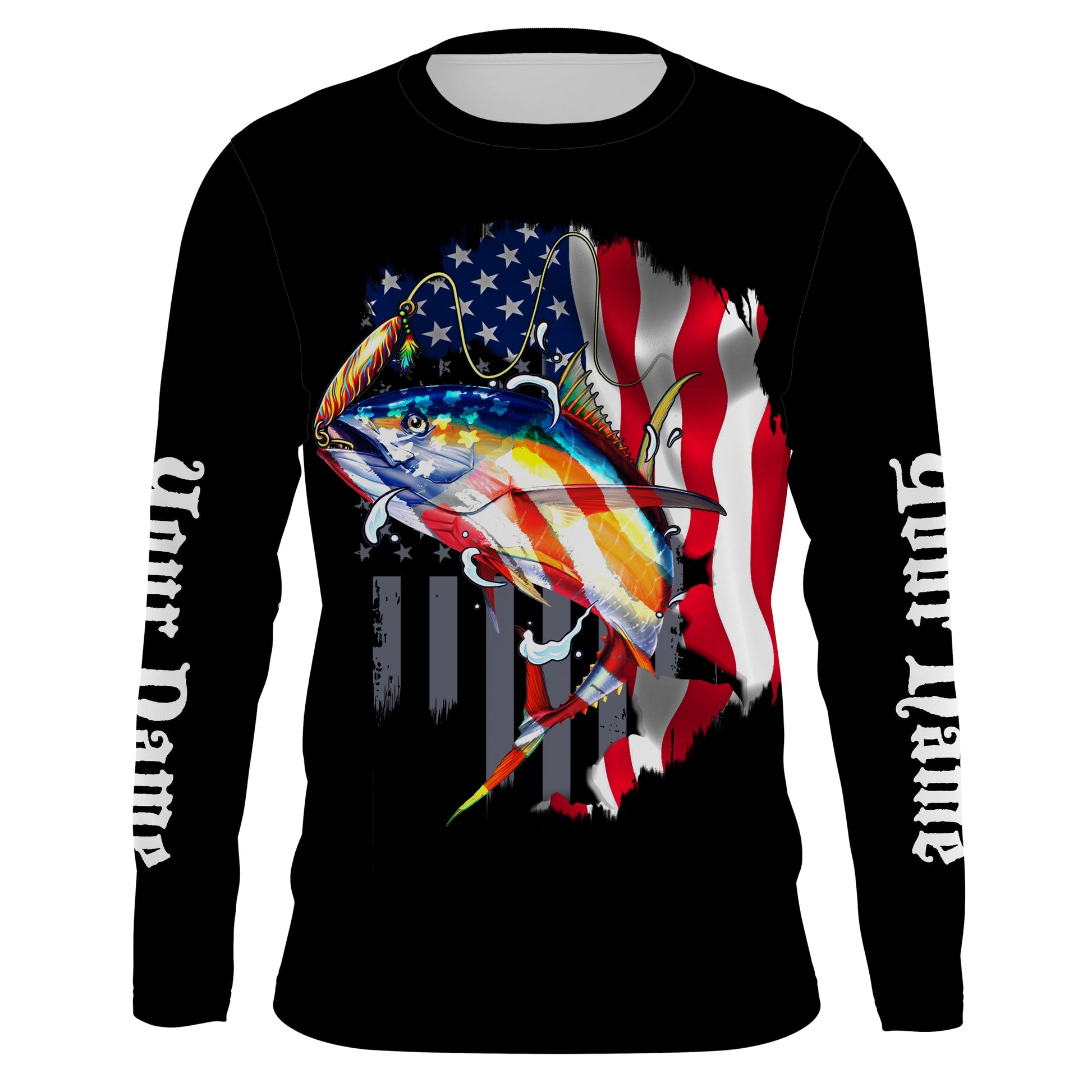 Tuna Fishing American Flag Custom Long Sleeve performance Fishing, Personalized Fishing TTN26