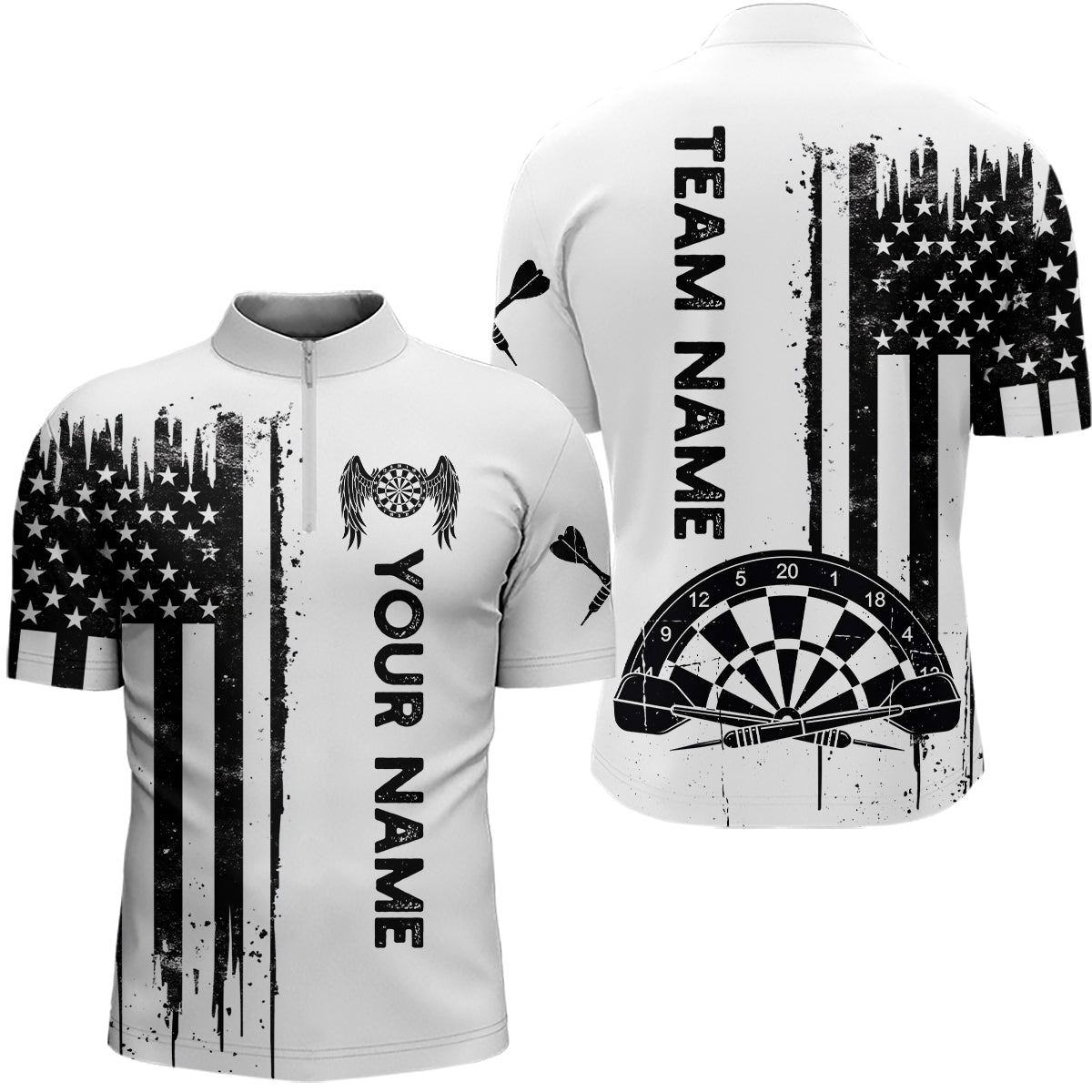 Darts American Flag Grunge Quarter-Zip Custom Patriotic Darts Dart YYD0078 - Black White