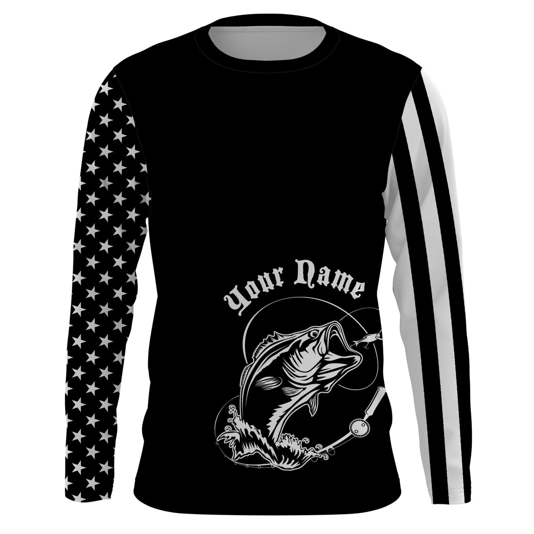 Custom Name Bass Fishing US Flag Performance Fishing, Bass Fishing