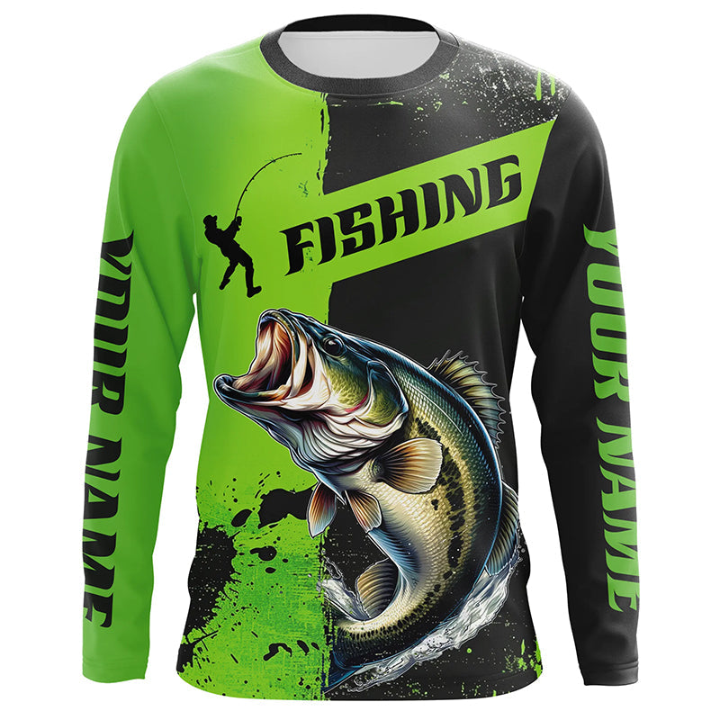 Custom Bass Fishing Long Sleeve Tournament, Largemouth Bass Fishing | Black And Green