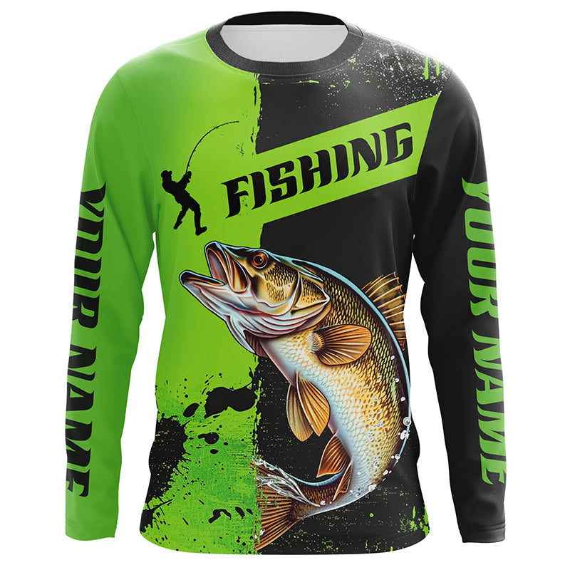 Custom Walleye Fishing Long Sleeve Tournament, Walleye Fishing | Black And Green