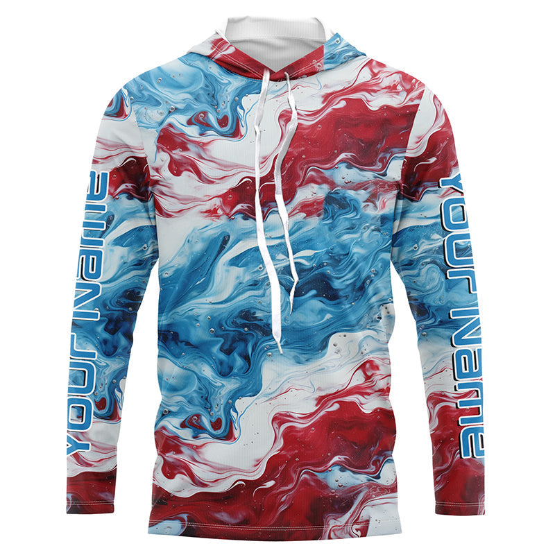 Red, White, Blue Tie Dye Camo Custom Long Sleeve Fishing, Patriotic Fishing