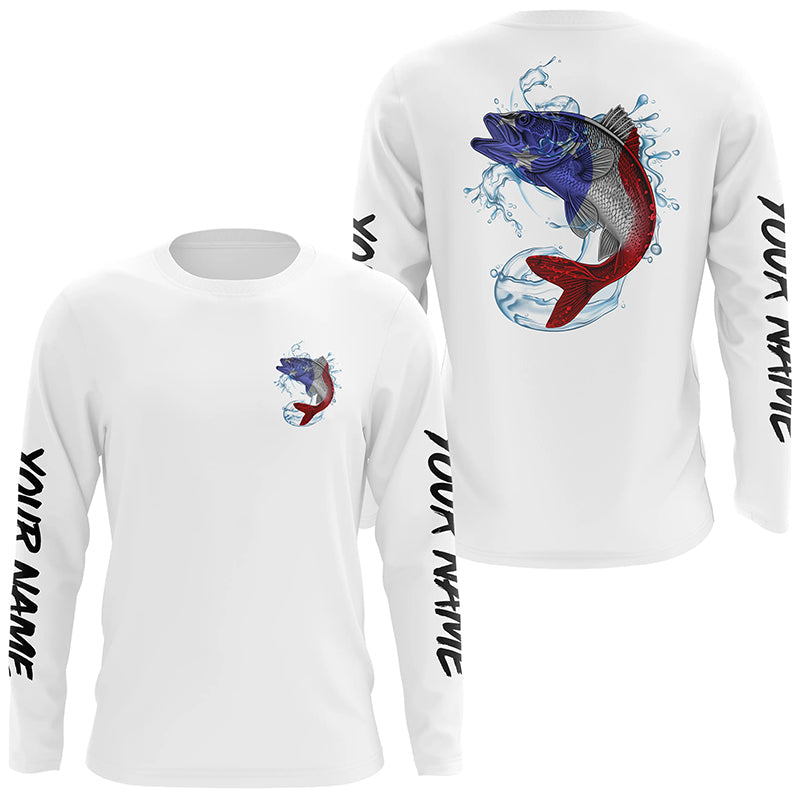 Walleye Fishing American Flag Custom Performance Long Sleeve Fishing, Patriotic Fishing Gifts