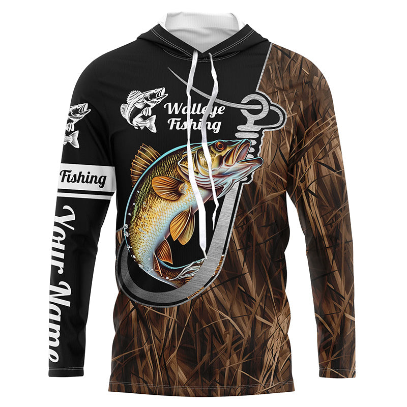 Fish Hook Walleye Fishing Custom Long Sleeve Tournament Fishing Fishing | Grass Camo