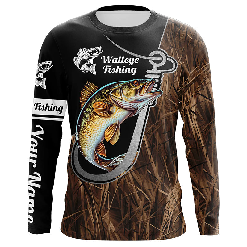 Fish Hook Walleye Fishing Custom Long Sleeve Tournament Fishing Fishing | Grass Camo