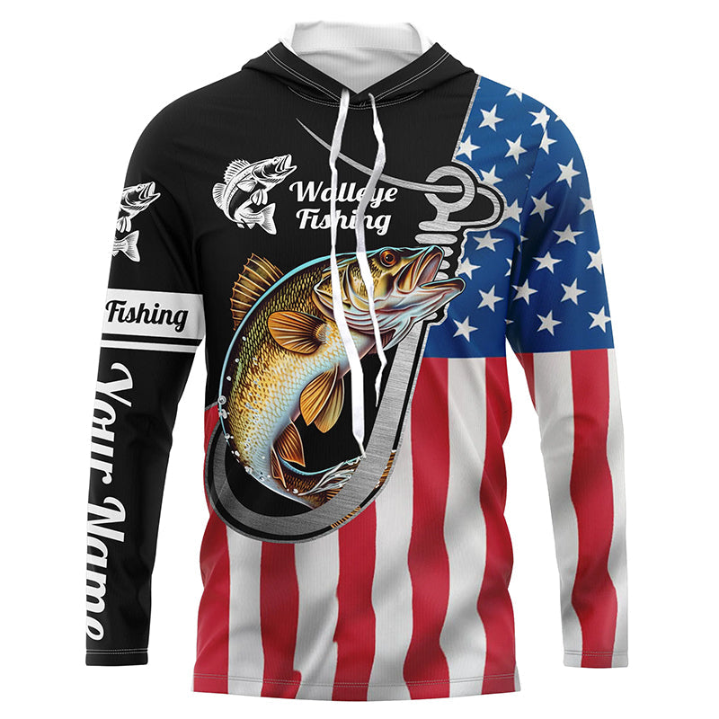 Walleye Fishing American Flag Fish Hook Custom Long Sleeve Tournament Fishing