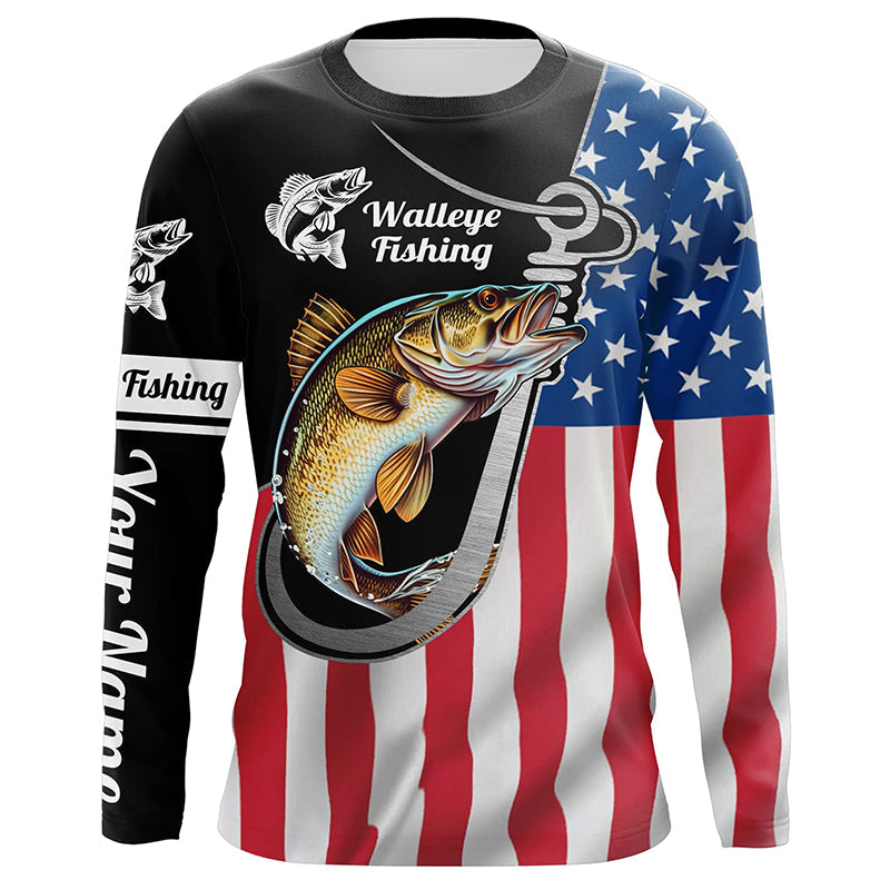 Walleye Fishing American Flag Fish Hook Custom Long Sleeve Tournament Fishing