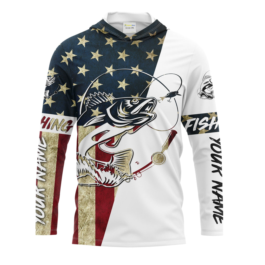 Walleye Fishing American Flag Custom Long Sleeve Fishing, Personalized Patriotic Fishing Gifts UV clothing