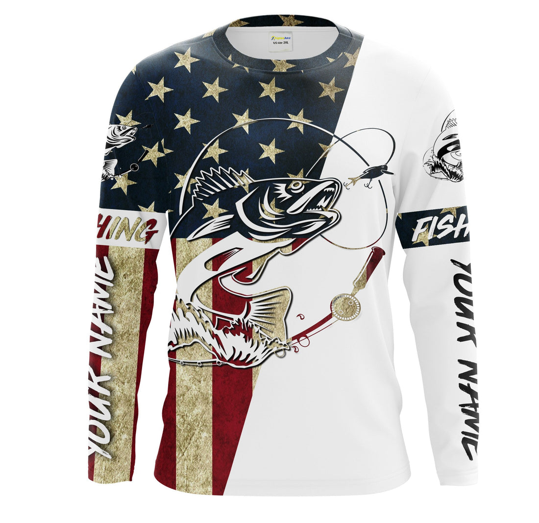 Walleye Fishing American Flag Custom Long Sleeve Fishing, Personalized Patriotic Fishing Gifts UV clothing