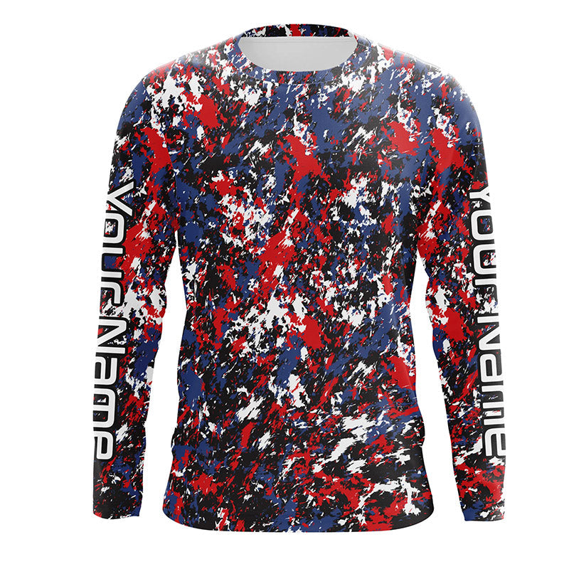 Red, White Blue Camo Custom Long Sleeve Performance Fishing, Patriotic Fishing