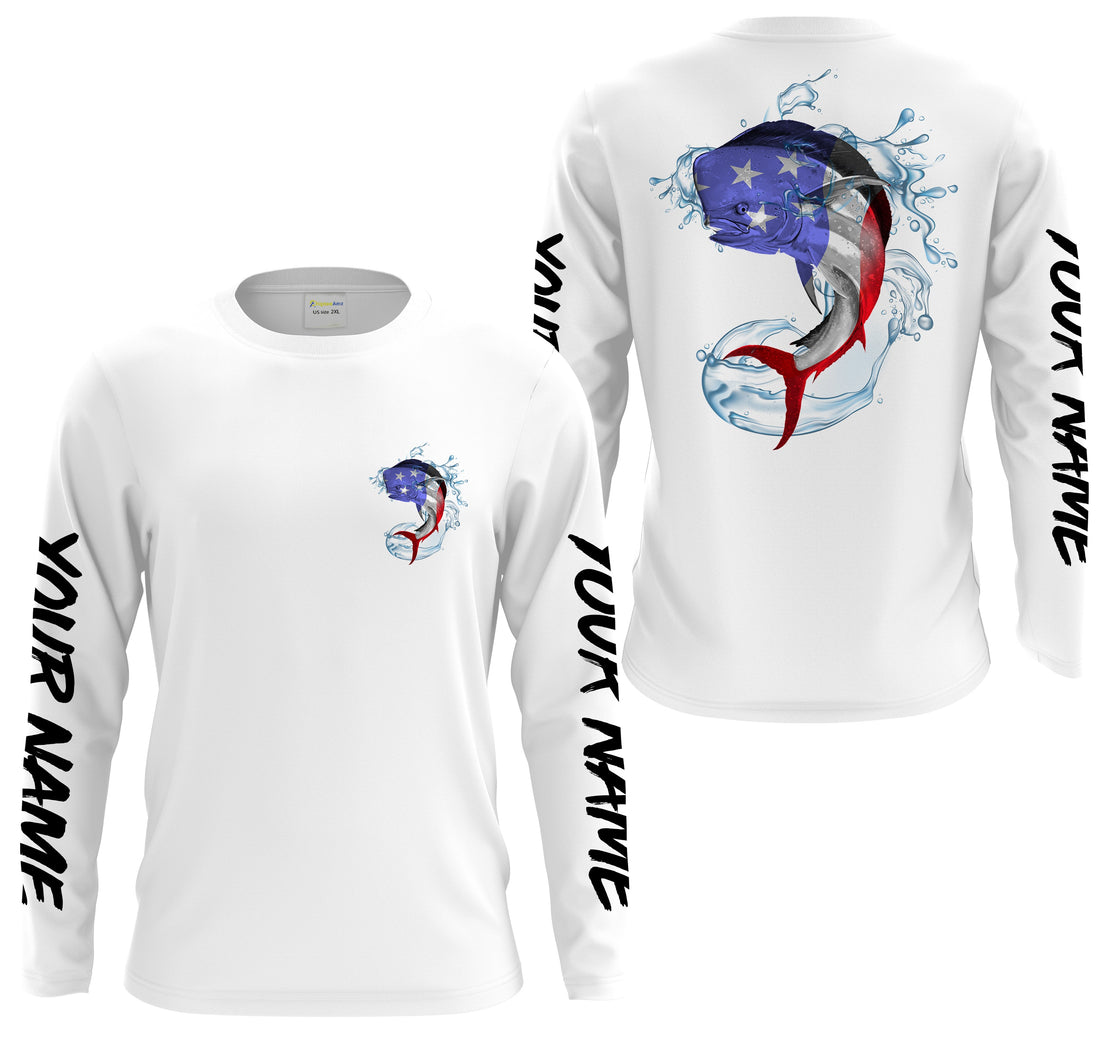 Mahi Mahi Fishing American Flag Custom Long sleeve performance Fishing, Patriotic Fishing apparel