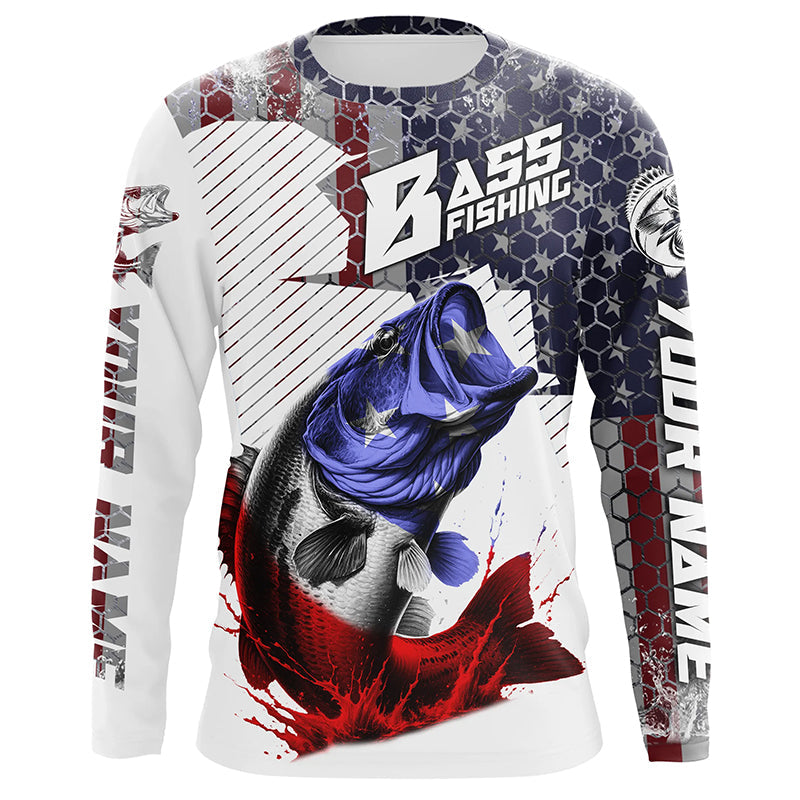 American Flag Bass Fishing Custom Long Sleeve Fishing, Patriotic Bass Fishing