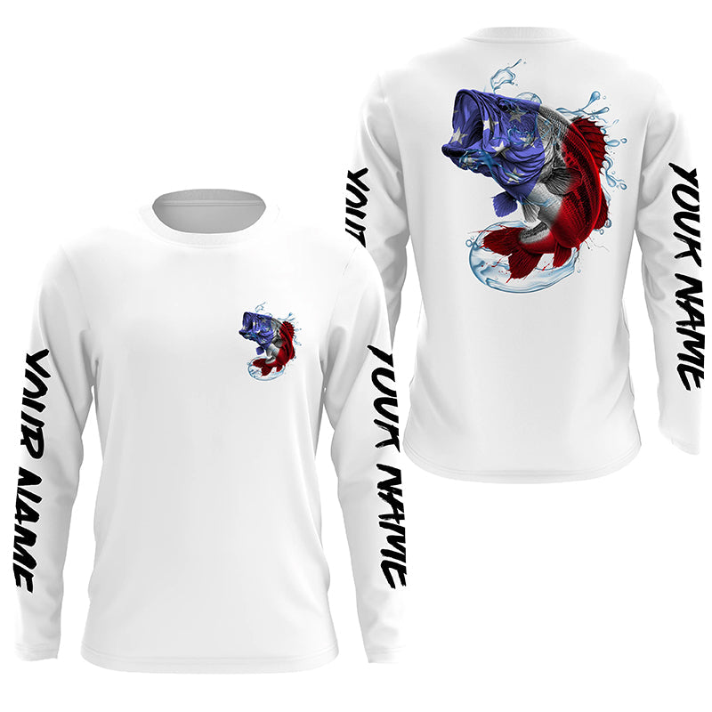 Bass Fishing American Flag Custom Long Sleeve Performance, Patriotic Bass Fishing