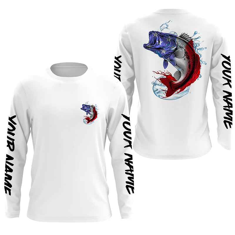 Bass Fishing American Flag Custom Long Sleeve Performance, Patriotic Bass Fishing