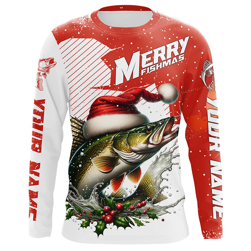 Merry Fishmas Custom Walleye Long Sleeve Christmas Fishing, Personalized Xmas Fishing Gifts