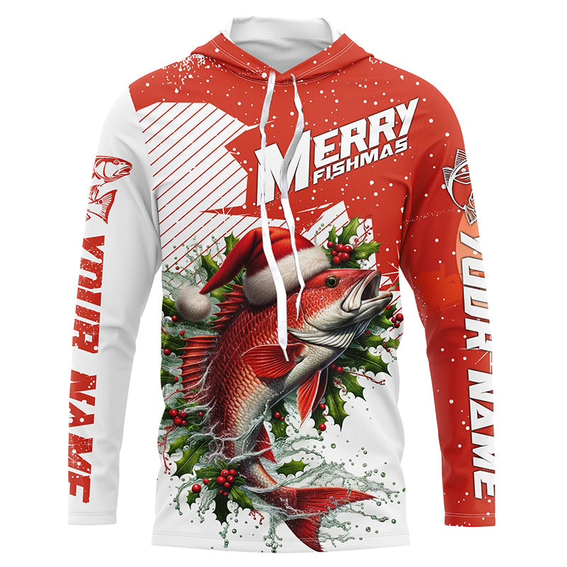 Merry Fishmas Custom Redfish Long Sleeve Christmas Fishing, Personalized Xmas Fishing Gifts