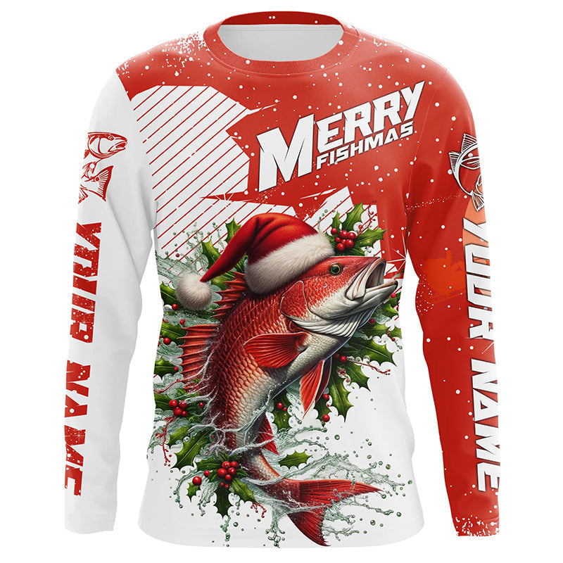 Merry Fishmas Custom Redfish Long Sleeve Christmas Fishing, Personalized Xmas Fishing Gifts