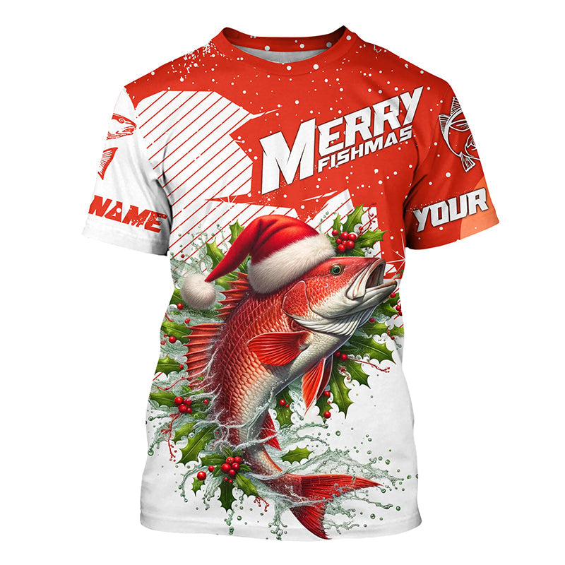 Merry Fishmas Custom Redfish Long Sleeve Christmas Fishing, Personalized Xmas Fishing Gifts